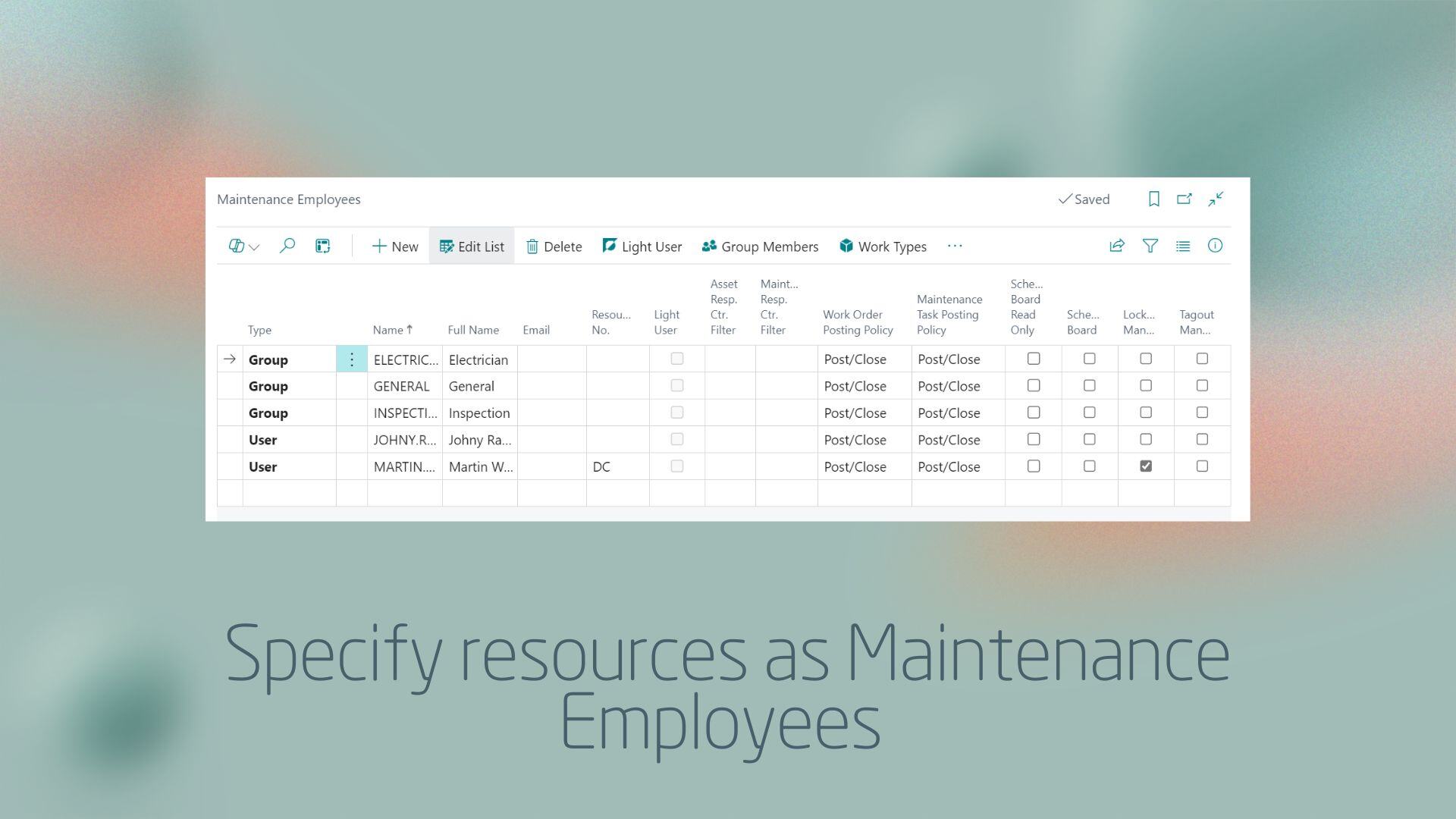 Specify resources as Maintenance Employees